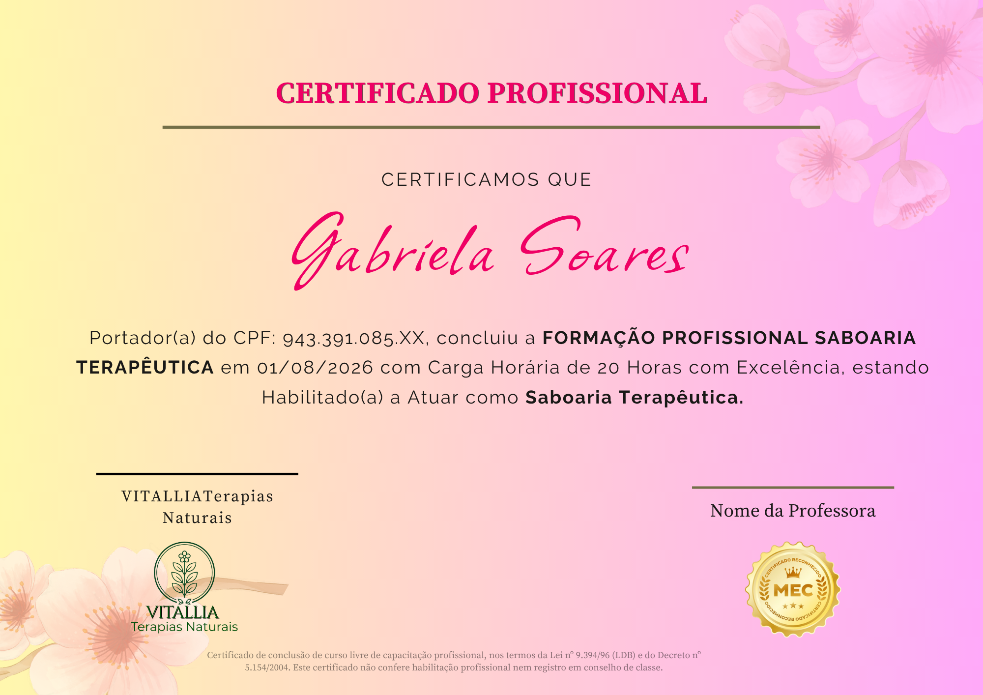 Certificado de Saboaria Terapêutica da VITALLIA
