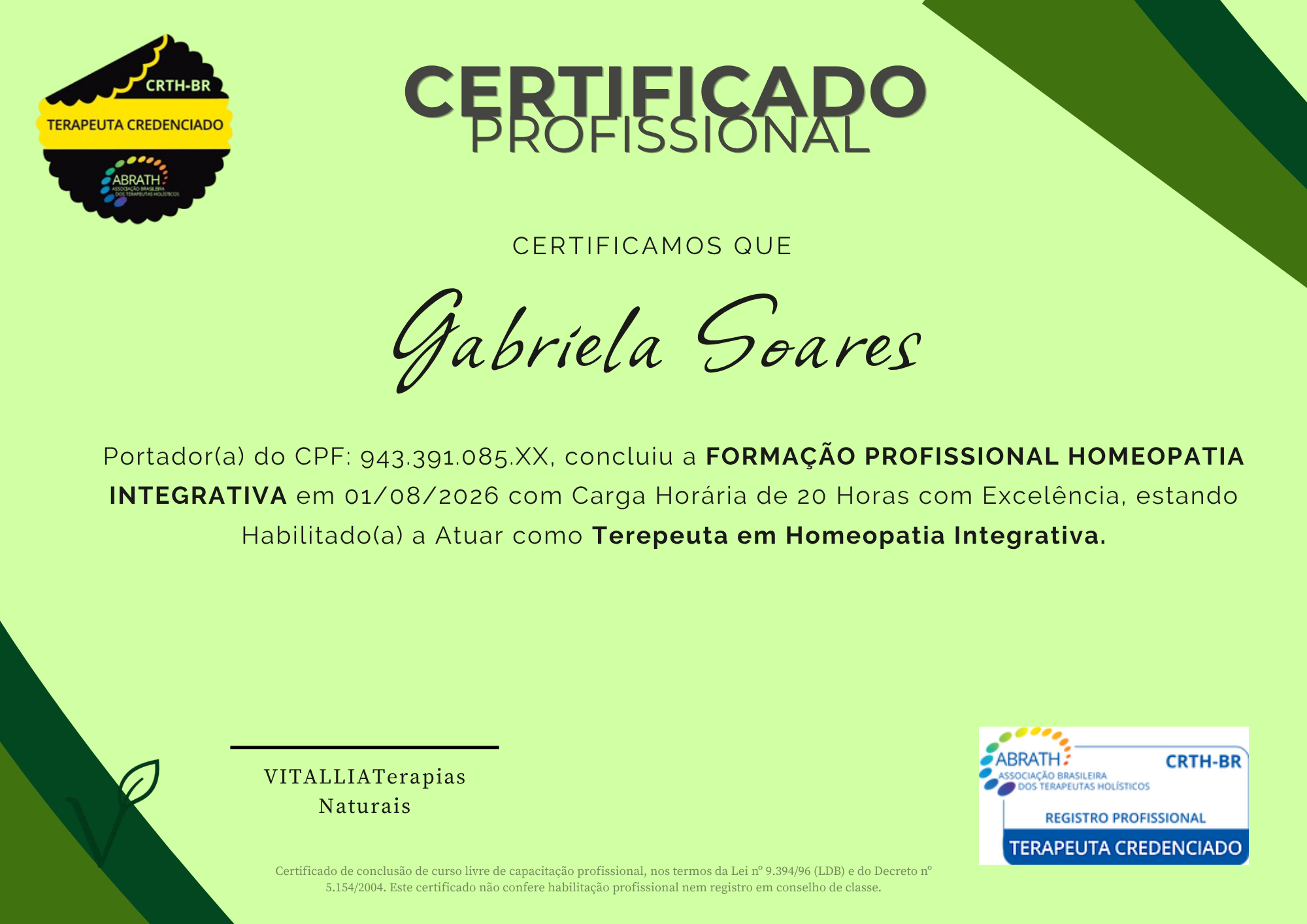 Certificado de Introdução à Homeopatia da VITALLIA