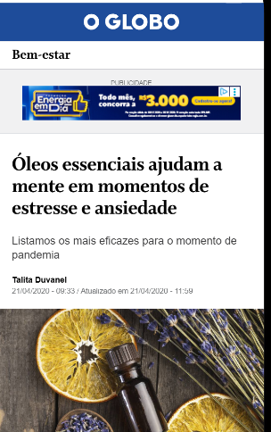 Matéria: óleos essenciais ajudam a mente em momentos de estresse e ansiedade
